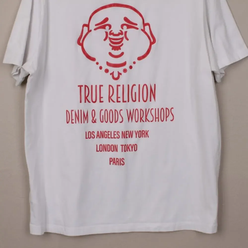 TRUE RELIGION | Mens White Red Buddha Logo Graphic T-Shirt Raised Paint Y2K 2XL
